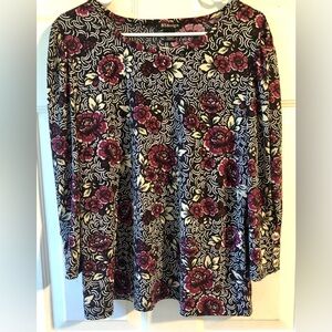 BY Design Plum Purple Black Cream Floral Swirl Print 3/4 Sleeve Knit Top Large